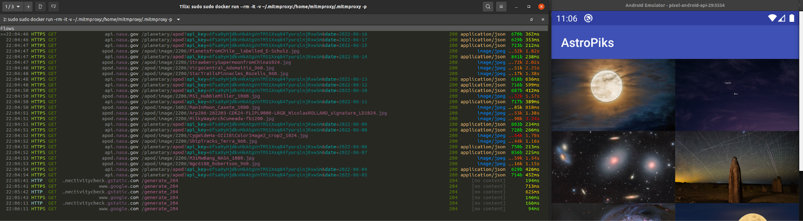 screenshot from a man in the middle attack to the Astropiks app with the mitmproxy tool